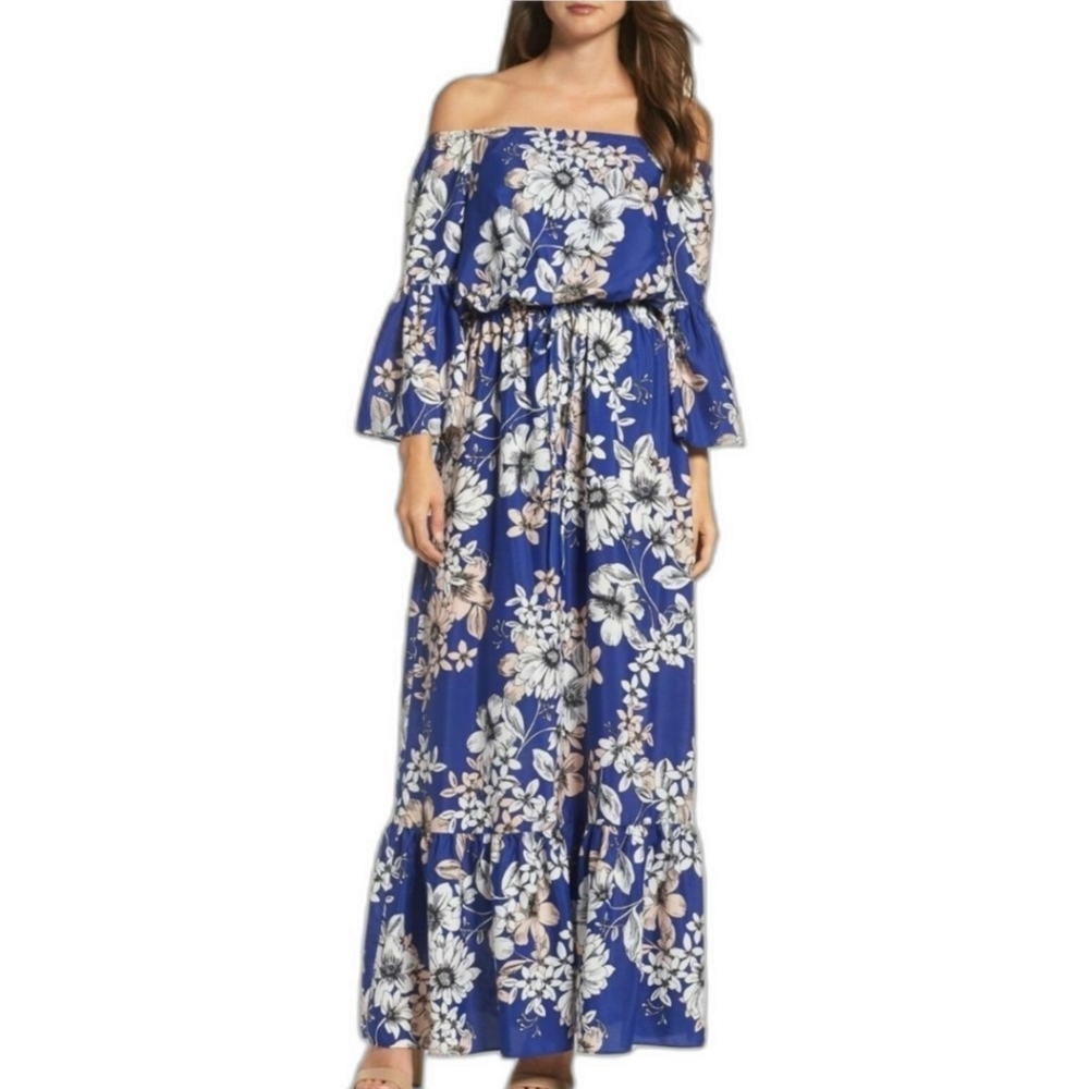 Eliza J Floral Off the Shoulder Blue Maxi Dress